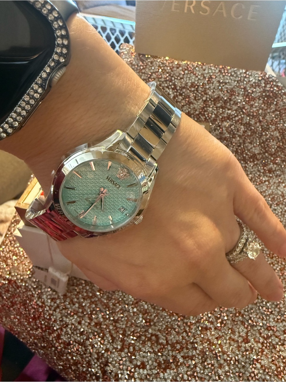 Versace Men's Silver Watch with Turquoise Dial - Picture 12 of 14